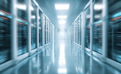 Blurred server room interior with racks and equipment white and blue tones. High quality