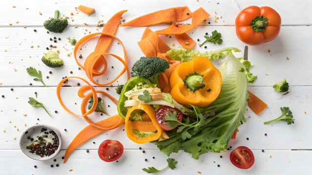 Overhead shot of fresh vegetables including bell peppers, carrots, tomatoes, broccoli, and lettuce arranged on a white wooden surface, healthy eating concept