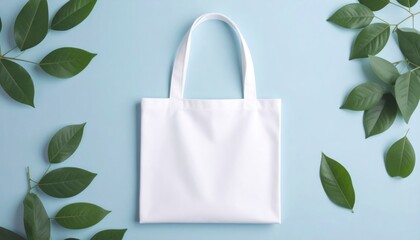 White Tote Bag Mockup with Green Leaves on Light Blue Background.