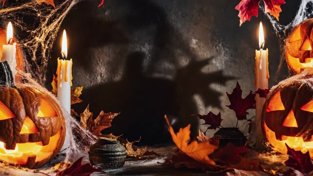 Halloween Pumpkins and Candles Still Life - This video showcases a spooky Halloween scene with glowing jack-o'-lantern pumpkins, flickering candles, autumn leaves and spider webs.