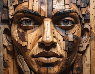 Wooden mosaic portrait of a person with contemplative eyes