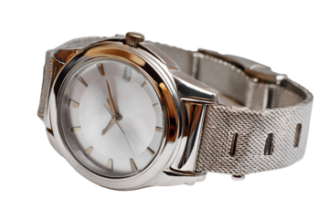 Elegant silver and gold wristwatch with textured band isolated on transparent background