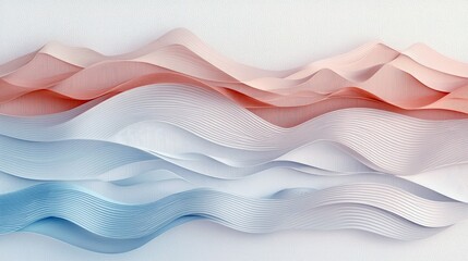 An abstract landscape created from layered, wavy strips of paper in pastel pink, white, and blue, resembling rolling hills or mountains. The lighting is soft an