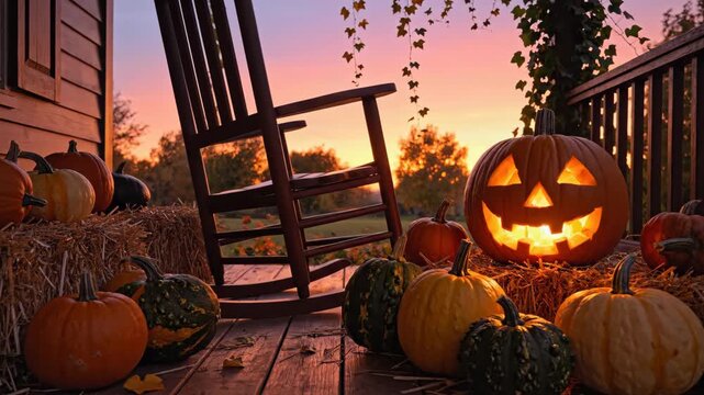 Autumn Sunset with Jack-o'-lantern and Rocking Chair - A charming autumn scene featuring a glowing jack-o'-lantern surrounded by gourds on a porch.