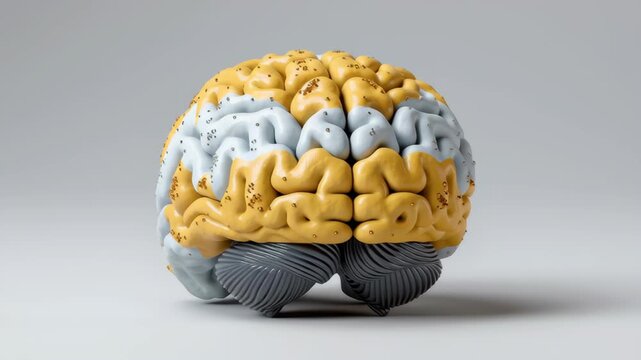 Brain Model Yellow and Gray with Detailed Surface Texture, Scientific Education Anatomy Medical Modern Style, Colorful Sections and Realistic