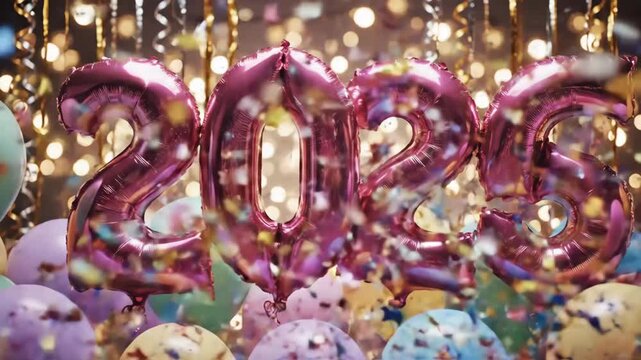 Festive 2026 Balloon Celebration - Shiny pink 2026 balloons take center stage, surrounded by pastel balloons and falling confetti in a festive scene.