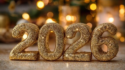 Sparkling golden 2026 numerals radiate celebratory cheer, perfect for New Year's Eve promotions and festive holiday season greetings