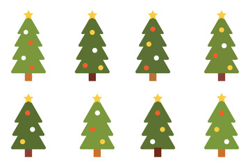 Own Created set of Christmas trees with different decorations. Evergreen forest. Holiday design for cards, banners, packaging and textiles. Traditional symbol Christmas and New year.