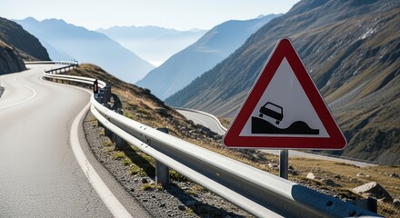 Road sign indicating a bumpy road ahead, positioned on a winding mountain road, with scenic views of mountains and valleys in the background, emphasizing caution for drivers