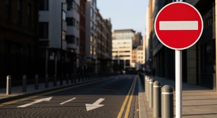 Red circular road sign indicating no entry stands prominently on an urban street, with clear directional markings and modern buildings in the background, emphasizing traffic regulations