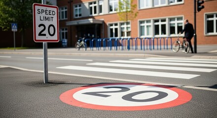 Speed limit sign indicating 20 km/h on a road with painted markings on the asphalt, showcasing urban traffic regulations and pedestrian safety measures in a city environment