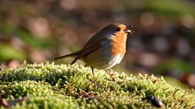 Robin Bird on Mossy Ground - A small brown robin with an orange breast perches on a bed of bright green moss. The background is blurred brown tones of trees and foliage.