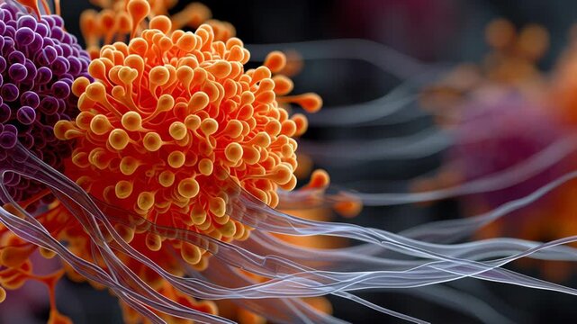 Bioenergetics concept ,Colorful abstract organic sphere composition with vibrant orange and purple, dynamic tendrils, macro scientific energetic mood