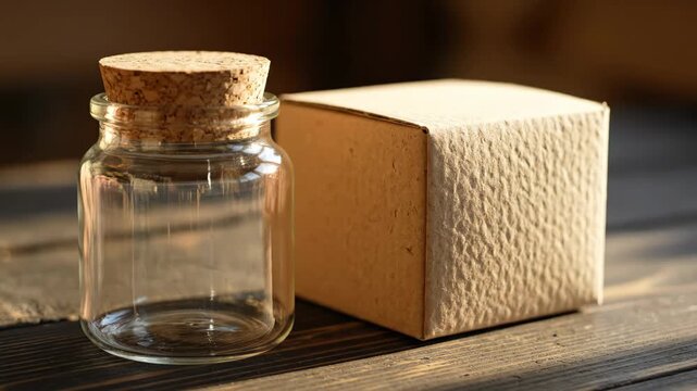 Empty Glass Jar with Cork Lid and Cardboard Box - An empty glass jar is sitting on a dark wooden table next to a light colored, square cardboard box.