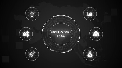 Professional Team, Hologram Futuristic Interface Concept. Business, Technology, Internet and network concept. Business icons on digital world map background. - Powered by Adobe