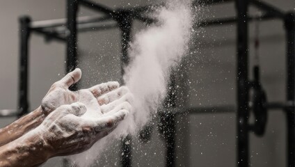Close up of hands covered in chalk preparing for a workout.