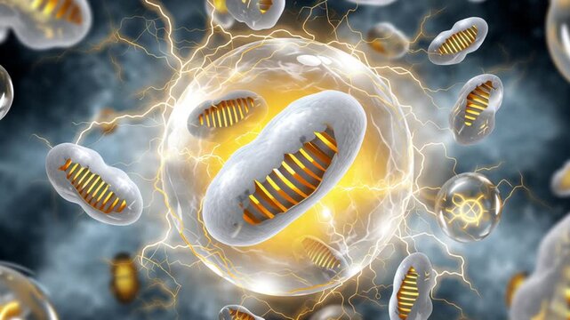 Bioenergetics concept ,Mitochondria glowing energy cell DNA biology science abstract power structure dynamic organelle with DNA strands energetic