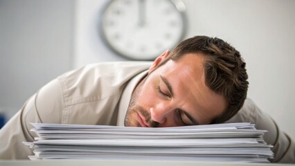 A tired man rests on a pile of papers, indicating stress and overwhelming workload in a workspace setting.