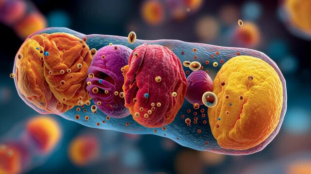 Bioenergetics concept ,Mitochondrion organelle structure vibrant color energy production cellular respiration science biology dynamic inner membrane