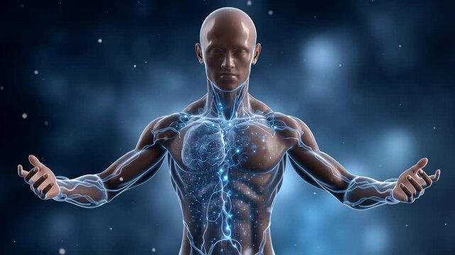 Bioenergetics concept ,Human anatomy body with glowing veins arteries lymphatic system chest neck circulatory system heart futuristic medical concept