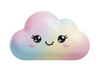 3D kawaii smiling cloud with pastel colors and soft shading, cute cartoon style, isolated on transparent background