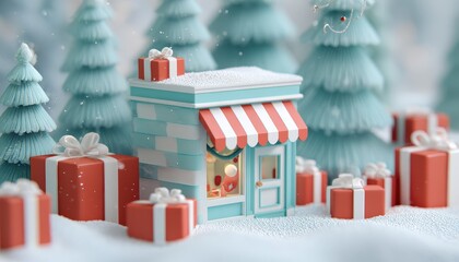 Miniature holiday storefront surrounded by wrapped presents in a snowy winter scene