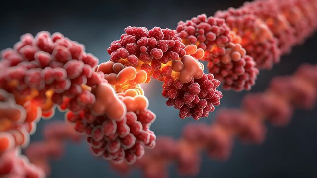 Protein molecule chain red and orange spheres close up science biology research dynamic energy molecular structure detailed medical laboratory