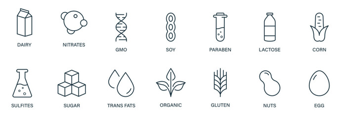 Sugar, Corn, GMO, Dairy, Nitrates, Trans Fat, Soy, Milk, Egg, Paraben, Gluten and Nuts Sign Set. Vegan Food Product Outline Icon. Organic Allergy Ingredient Line Black Icon. Vector Illustration.