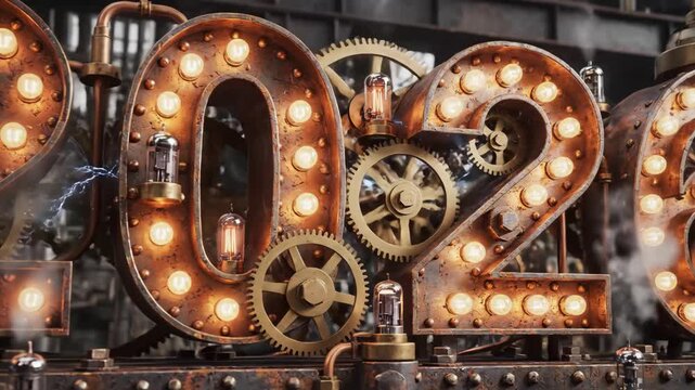 Steampunk 2026 Industrial Machine - A close-up shot reveals a steampunk-style "2026" video with metallic textures, gears, bolts and glowing orange lights.