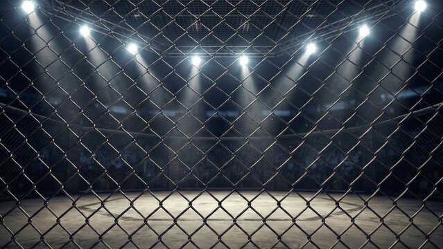 Dramatic Empty MMA Fight Cage Arena with Spotlights Seen Through Chain Link Fence