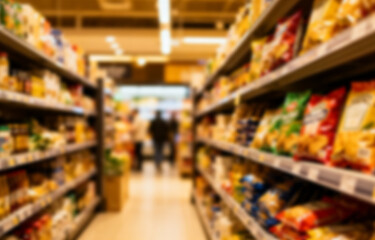 Fototapeta premium Supermarket grocery store interior aisle abstract blurred background. Blurry and defocused supermarket aisle backdrop 