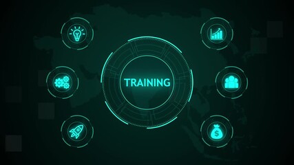 Training, Hologram Futuristic Interface, Business, Technology, Internet and network concept. Business icons on digital world map background. - Powered by Adobe