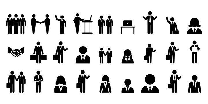 Business People and Office Worker Set. Professional Male, Female Figures of executives, partners shaking hands and working with laptops for corporate or leadership themes