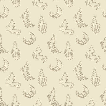 Outline ginseng root seamless pattern. Korean ginseng background design for wallpaper, fabric, textile, print, wrapping paper or package design.