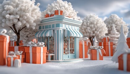 Charming winter scene features a miniature storefront surrounded by numerous bright orange gift boxes in a snowy landscape.
