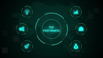 Top Performers, Hologram Futuristic Interface, Business, Technology, Internet and network concept. Business icons on digital world map background.