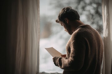 Thoughtful man reading letter by window in winter snow, reflecting on life's journey and seeking inspiration with cozy sweater in solitude, ideal for heartfelt story
