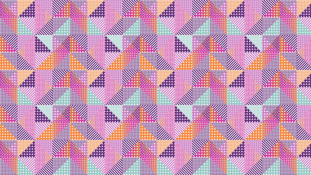 Colorful patchwork pattern with triangles and squares in shades of pink purple and orange design