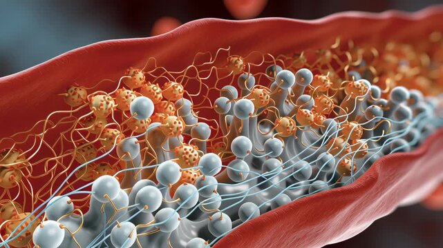 Mitochondrial membrane lipid bilayer protein complex and energy flow blood vessel cross section with red blood cell, white blood cell, plasma