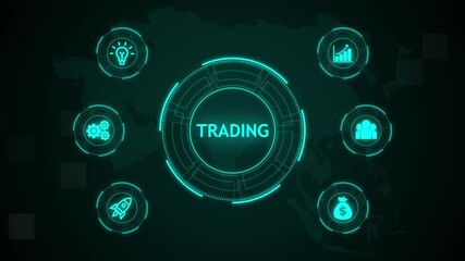 Trading, Hologram Futuristic Interface, Business, Technology, Internet and network concept. Business icons on digital world map background. - Powered by Adobe