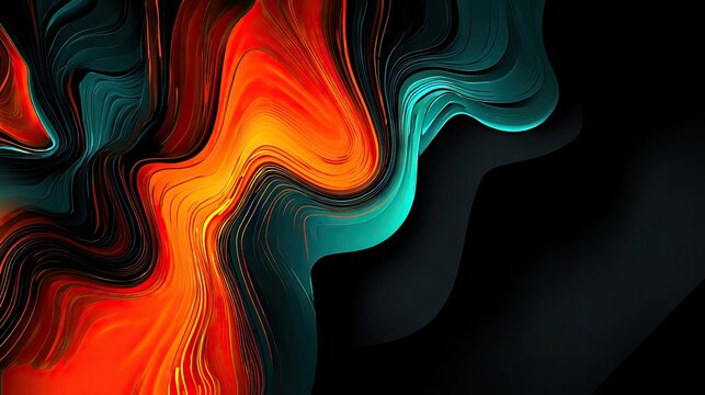 An abstract digital artwork featuring flowing, swirling patterns of vibrant orange and teal colors against a dark, shadowy background. The textures suggest liqu