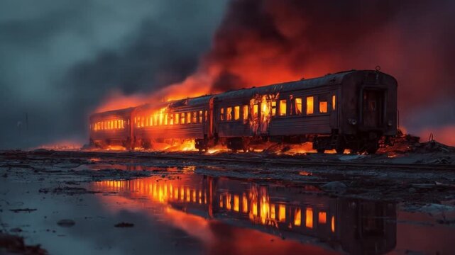 A derailed train engulfed in flames, glowing blazes along a desolate shore, reflected in dark water!