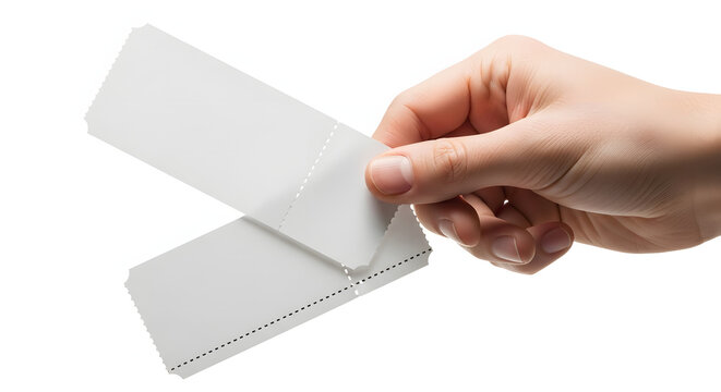 Hand holding blank white tickets event admission pass paper mockup