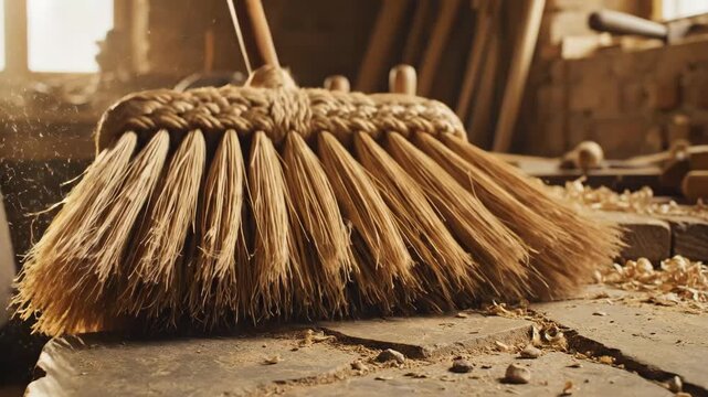 Handmade Natural Bristle Broom - A close-up shot showcases the natural bristles of a traditionally crafted handmade broom. The broom is bundled tightly with what looks like woven rope.
