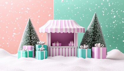 Fototapeta premium Decorative miniature kiosk with wrapped presents and evergreen trees sits in snowy setting