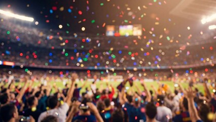 Blurred Crowd of Fans Celebrating Championship Victory with Confetti in Night Stadium