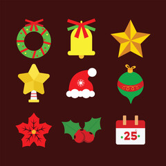Festive Christmas vector icons featuring a wreath, bell, star, Santa hat, ornament, poinsettia, holly berries, and a December 25 calendar. Bright flat-design symbols perfect for holiday and winter pro