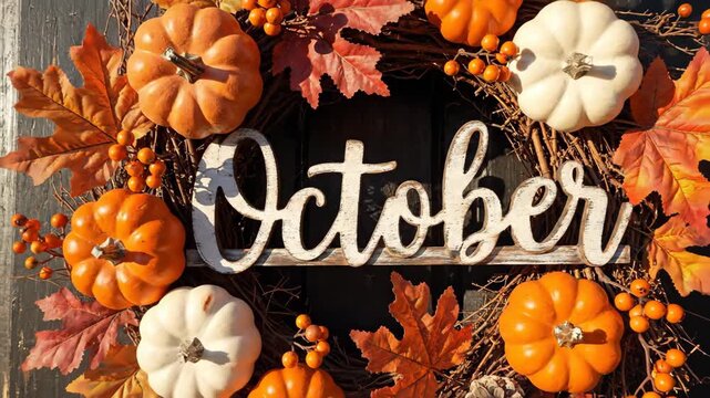 Autumn Wreath with Pumpkins and October Sign - A rustic twig wreath is decorated with small pumpkins, colorful fall leaves, and berries.