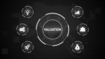 Valuation, Hologram Futuristic Interface, Business, Technology, Internet and network concept. Business icons on digital world map background.
