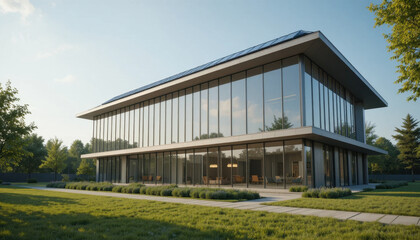 Obraz premium Modern two story building with large glass windows and flat roof is surrounded by lush green lawn and trees, creating serene and eco friendly environment